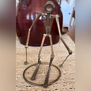 Upcycled Metal Skier Articulated Figurine Sculpture - Antique Brass Finish 7”